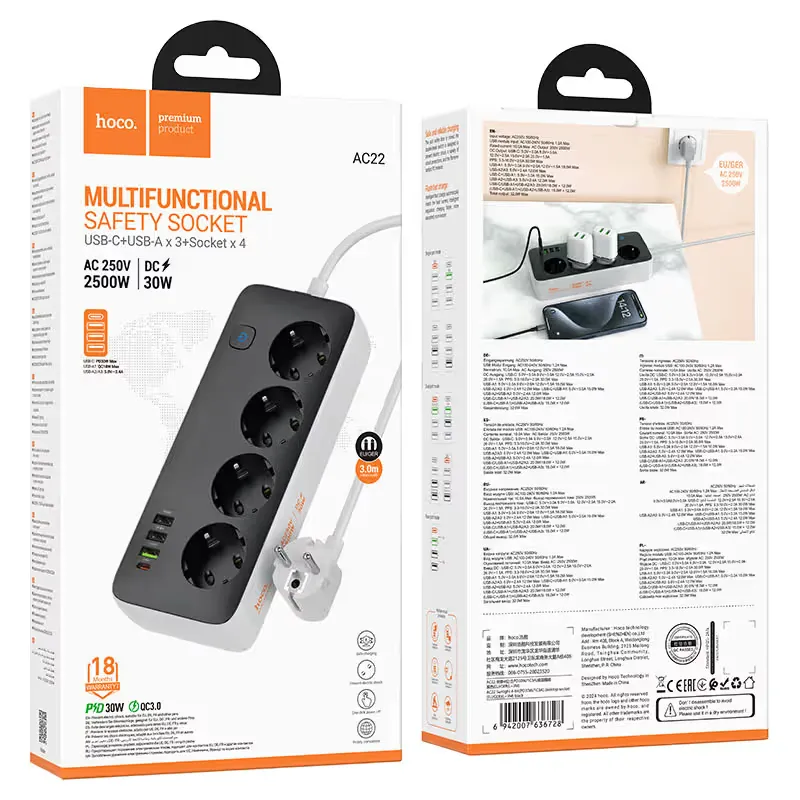 Hoco AC22 4-Bit Desktop Power Socket PD30W