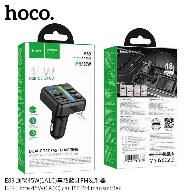 Hoco E89 Libre 45W Bluetooth FM Transmitter Car Charger