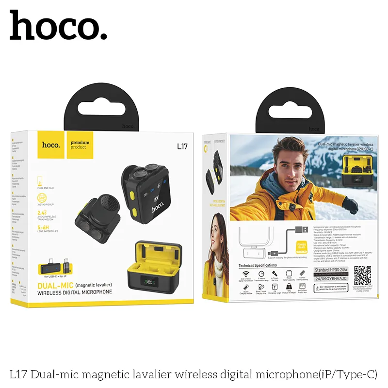 Hoco L17 Dual Magnetic Clip-on Wireless Lavalier Microphone (iP/Type-C)